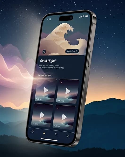 SlumberWave home screen with nature sound mixes